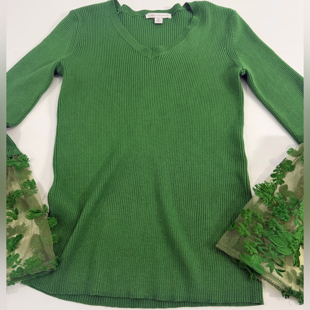 Green Ribbed V Neck Top Sheer Embroidered Bell Sleeve Cottagecore Fairy Boho M - Picture 4 of 11